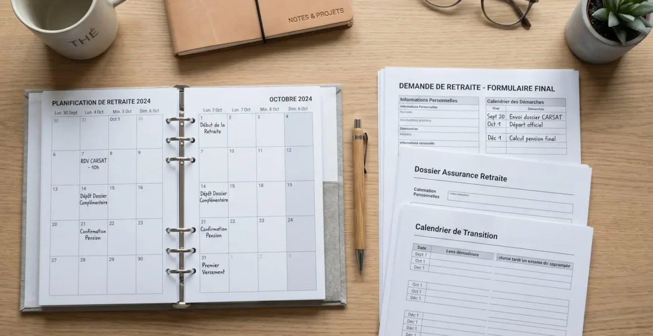 Calendrier et documents administratifs organisés pour planifier les démarches de retraite