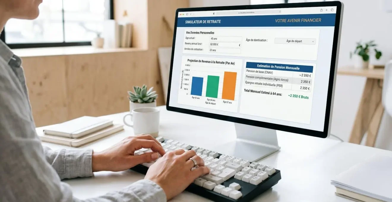 Écran d'ordinateur affichant un simulateur de retraite en français avec graphiques de pension