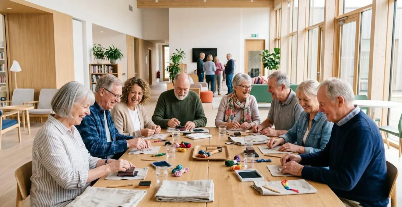 Groupe de seniors participant à un atelier collectif dans un centre associatif lumineux