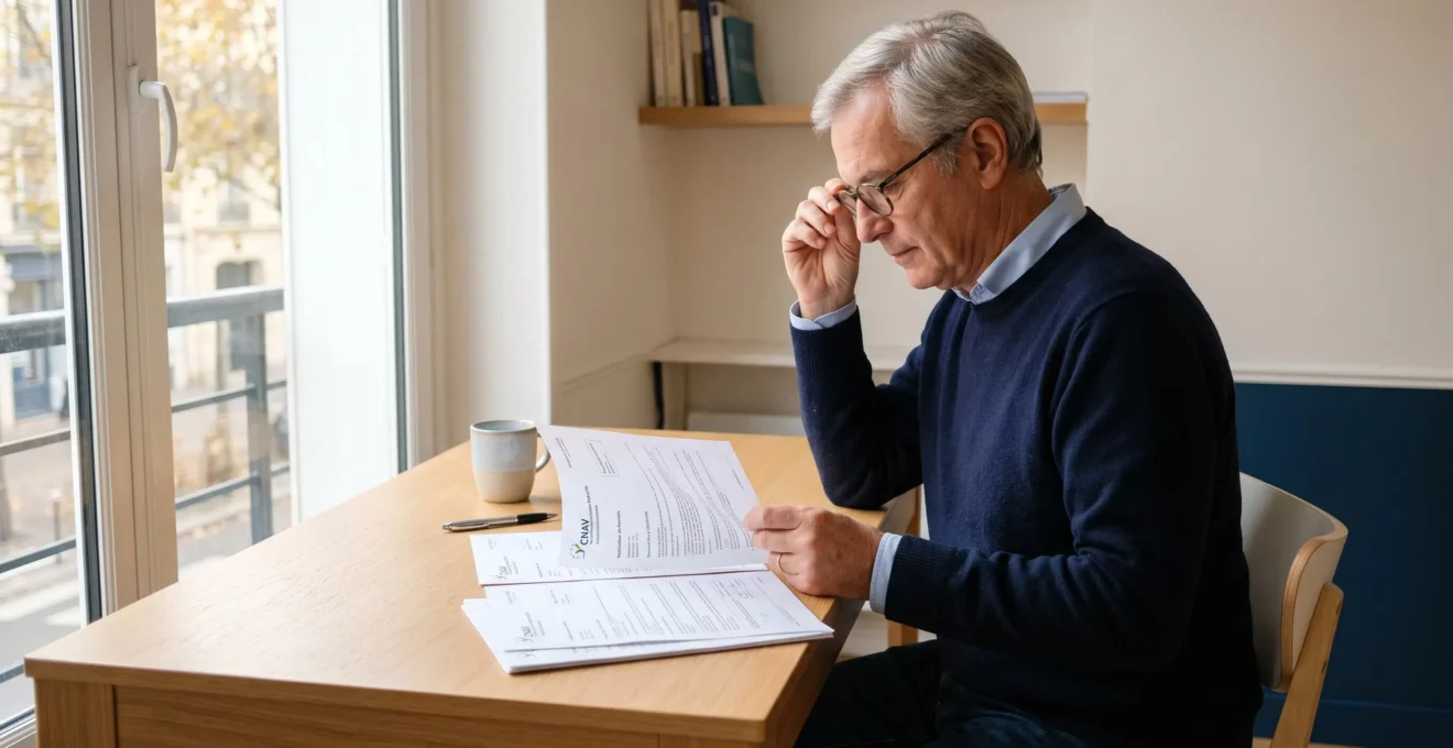 Personne de 60 ans consultant des documents de retraite dans un bureau contemporain avec lumière naturelle douce