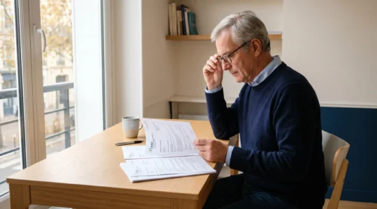 Personne de 60 ans consultant des documents de retraite dans un bureau contemporain avec lumière naturelle douce