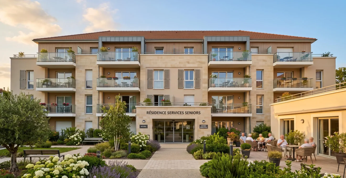 Façade d'une résidence services seniors française moderne avec jardin paysager et résidents sur terrasse