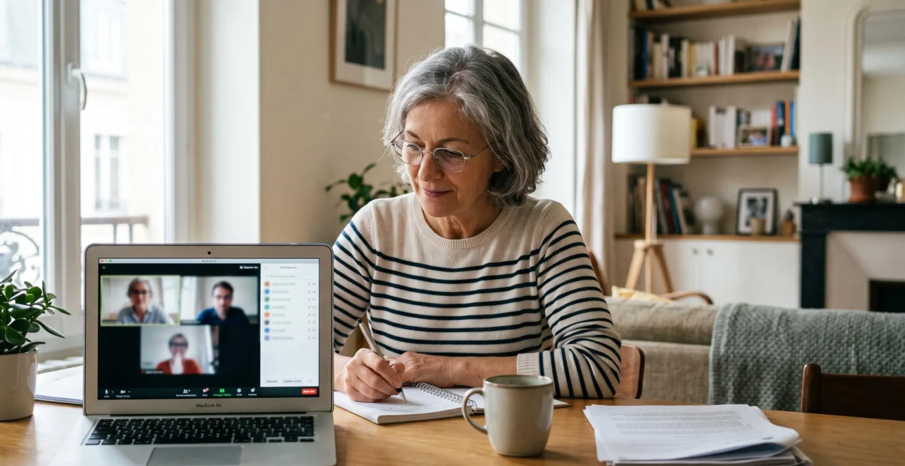 Femme senior française travaillant en visioconférence depuis son bureau à domicile avec ordinateur portable et carnet de notes